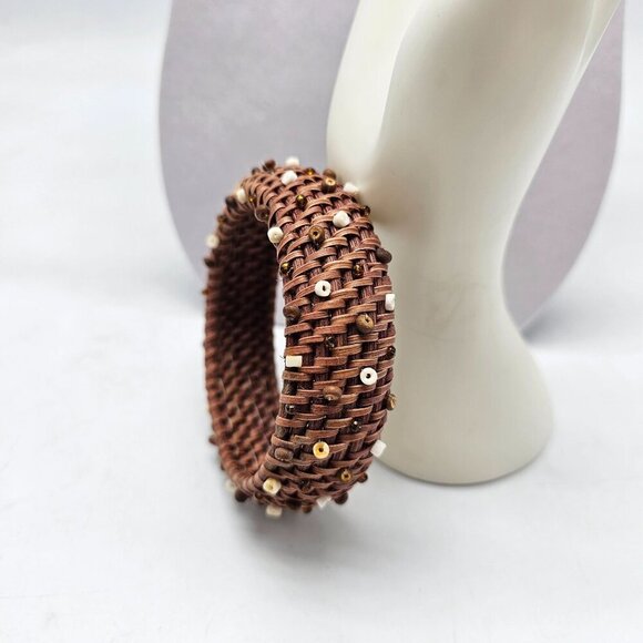 Handwoven Brown Bangle Bracelet With Beads Accents Bohemian - Picture 3 of 6